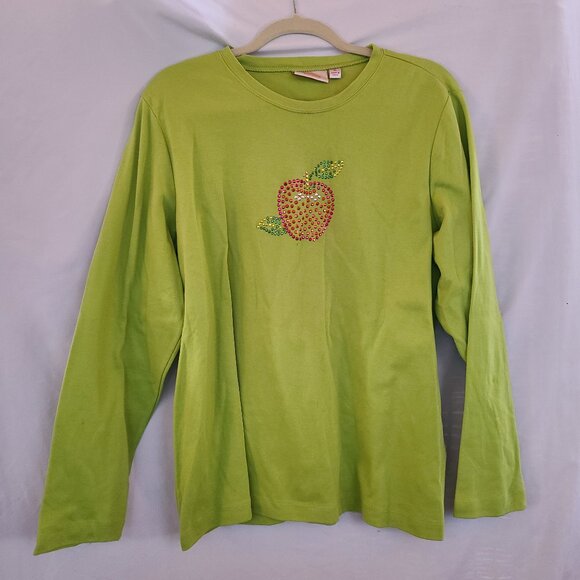 Quacker Factory Top Gems Size XL Long Sleeve Green With Apple Design - Picture 1 of 4